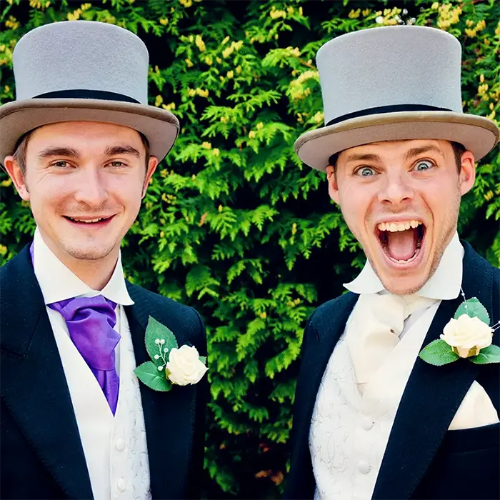 Groom and best man smiling before wedding in Worcestershire Groom and best man smiling before wedding in Worcestershire