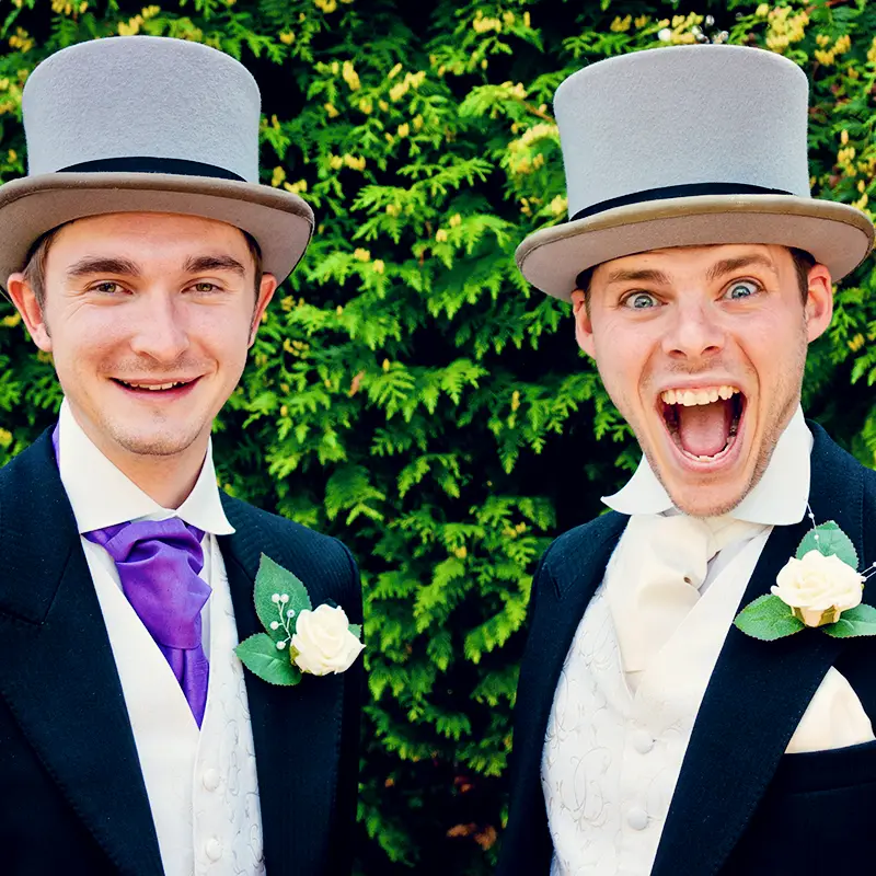 Groom and best man smiling before wedding in Worcestershire Groom and best man smiling before wedding in Worcestershire